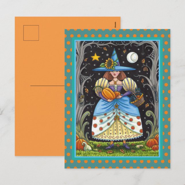 FOLK ART WITCH IN SPOOKY SKOGEN, BLACK CAT & UGGLA HELG VYKORT (Fram/baksida)