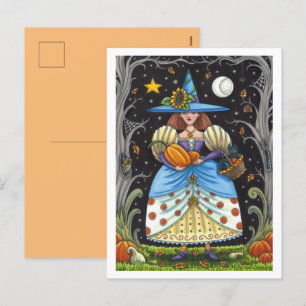 FOLK ART WITCH IN SPOOKY SKOGEN, BLACK CAT & UGGLA HELG VYKORT
