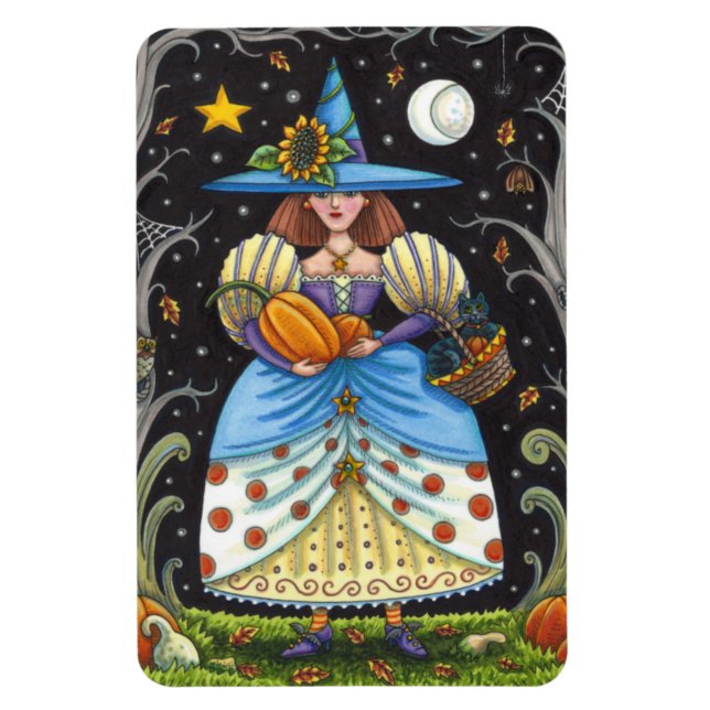 FOLK ART WITCH IN SPOOKY SKOGEN, BLACK CAT & UGGLA MAGNET (Vertikal)