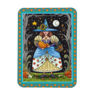 FOLK ART WITCH IN SPOOKY SKOGEN, BLACK CAT & UGGLA MAGNET