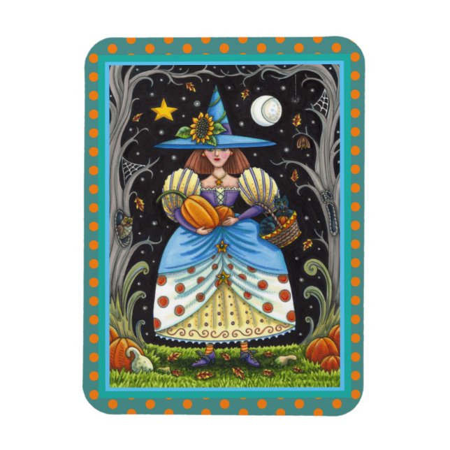 FOLK ART WITCH IN SPOOKY SKOGEN, BLACK CAT & UGGLA MAGNET (Vertikal)
