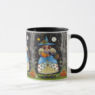FOLK ART WITCH IN SPOOKY SKOGEN, BLACK CAT & UGGLA MUGG