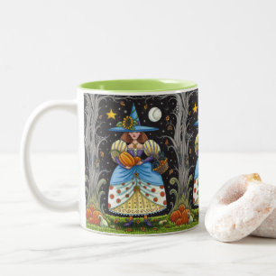 FOLK ART WITCH IN SPOOKY SKOGEN, BLACK CAT & UGGLA Två-Tonad MUGG