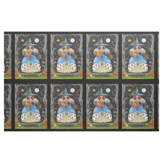 FOLK ART WITCH IN SPOOKY SKOGEN, BLACK CAT & UGGLA TYG (Fat Quarter)