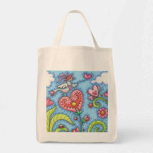 Folk Bird and Hearts Garden LIVSMEDEL TOTE Customi Tygkasse (Framsidan)