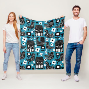 Folk Bird Blue Dekorativ kudde Fleecefilt