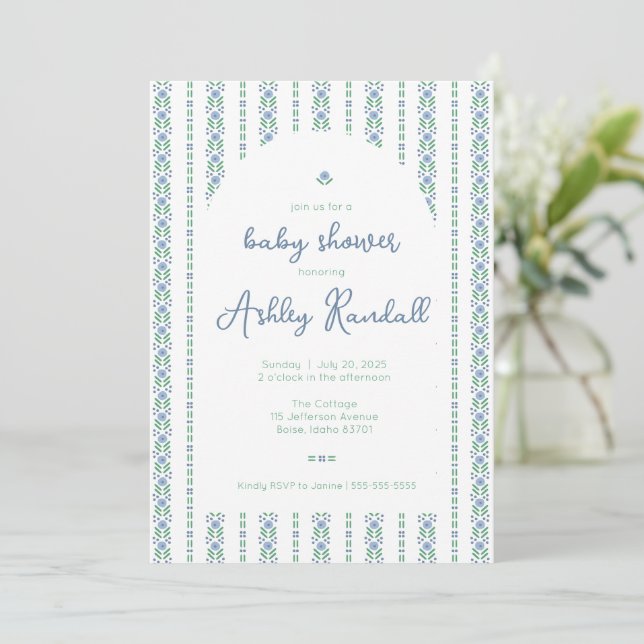 Folk Blommigt Rand - Blue- Baby Shower-inbjudan Inbjudningar (Stående Fram)