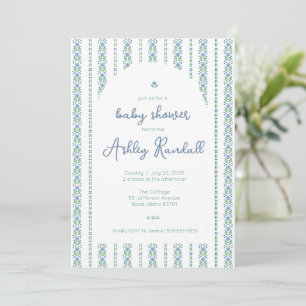Folk Blommigt Rand - Blue- Baby Shower-inbjudan Inbjudningar