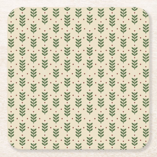 Folk Botaniska Blad Sömlöst Mönster Underlägg Papper Kvadrat (Framsidan)