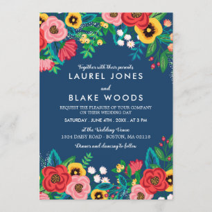 Folk Bouquets - Deep Blue & Red Boho Bröllop Inbjudningar