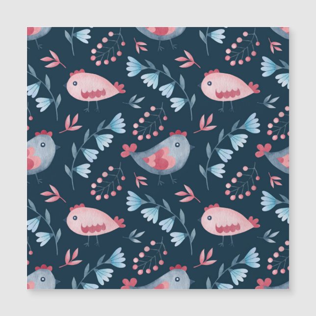 Folk Chickens: Vattenfärgen Seamless Mönster. (Framsida)