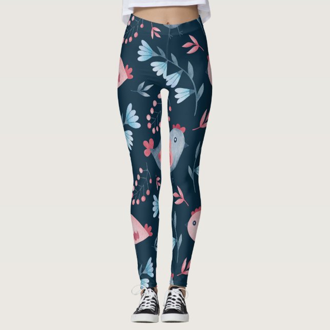 Folk Chickens: Vattenfärgen Seamless Mönster. Leggings (Framsida)