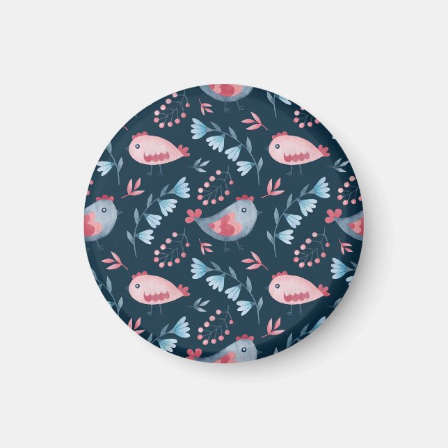 Folk Chickens: Vattenfärgen Seamless Mönster. Magnet (Framsidan)