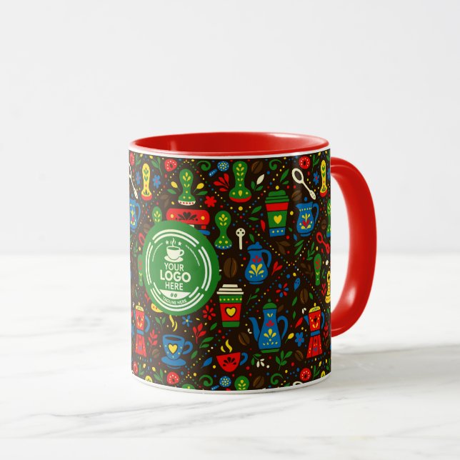Folk coffee logo badge on colorful barista pattern mugg (Framsida höger)