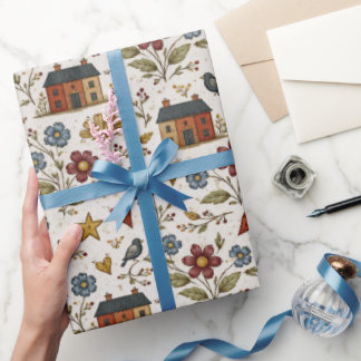 Folk Cottage Hearts Garden Pattern Presentpapper