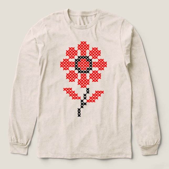 Folk Cross Stitch Flower  T Shirt (Design framsida)