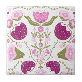Folk Floral Pattern. Pink & Burgundy Flower Design Kakelplatta