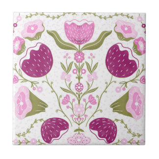 Folk Floral Pattern. Pink & Burgundy Flower Design Kakelplatta