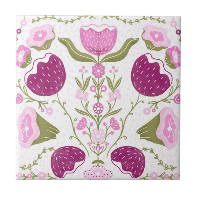 Folk Floral Pattern. Pink & Burgundy Flower Design Kakelplatta (Framsidan)