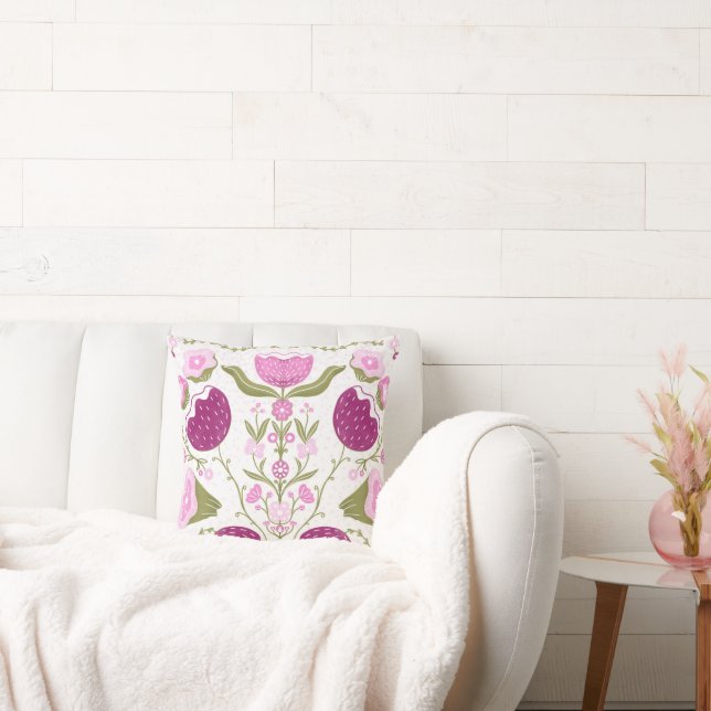 Folk Floral Throw – Pink & Burgundy Botanic. Kudde (Soffa)