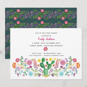 Folk Flowers Baby Shower Inbjudningskort Watercolo