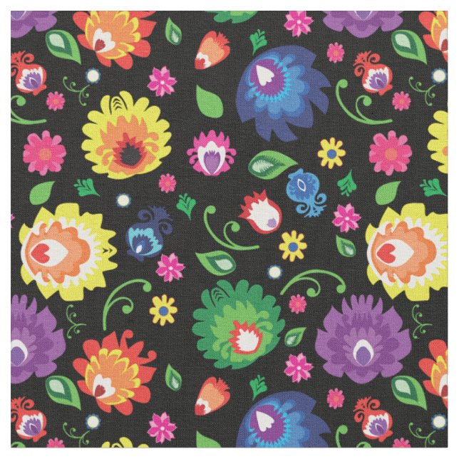 Folk Flowers - blomsteräng i svart Tyg (Närbild)