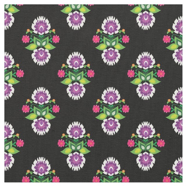 Folk Flowers - diamantformad komposition svart Tyg (Närbild)