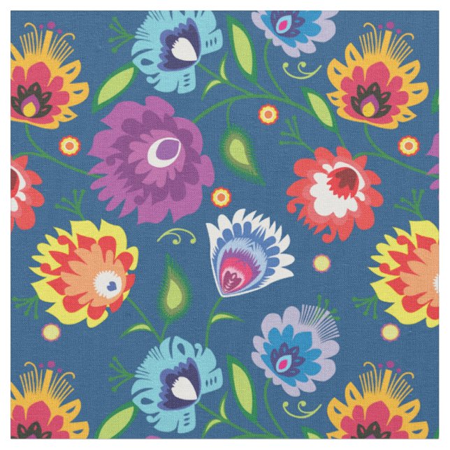 Folk Flowers i klassisk blå Tyg (Närbild)