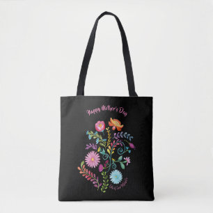 Folk Flowers Mors dag Tote - vattenfärg med namn Tygkasse