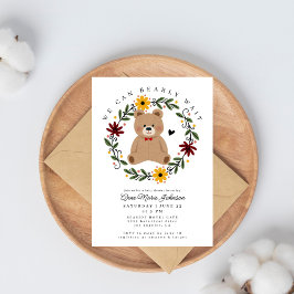 Folk Flowers Nalle Barly Wait Baby Shower Inbjudningar