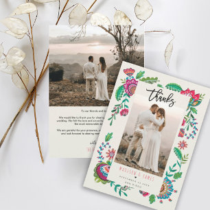 Folk Flowers Tack för Bröllop-fotokortet Kort