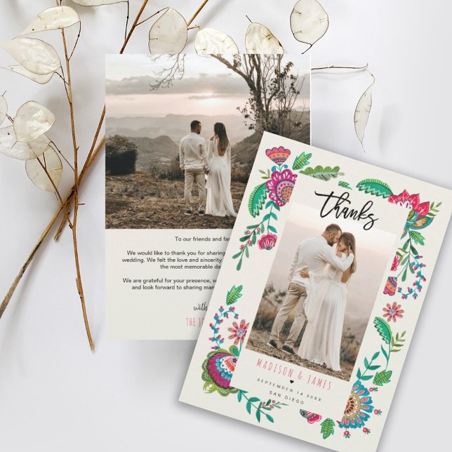 Folk Flowers Tack för Bröllop-fotokortet Kort (Skapare uppladdad)