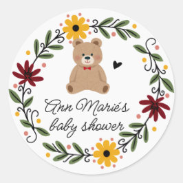 Folk Flowers Teddy Bear Babyfirande Runt Klistermärke