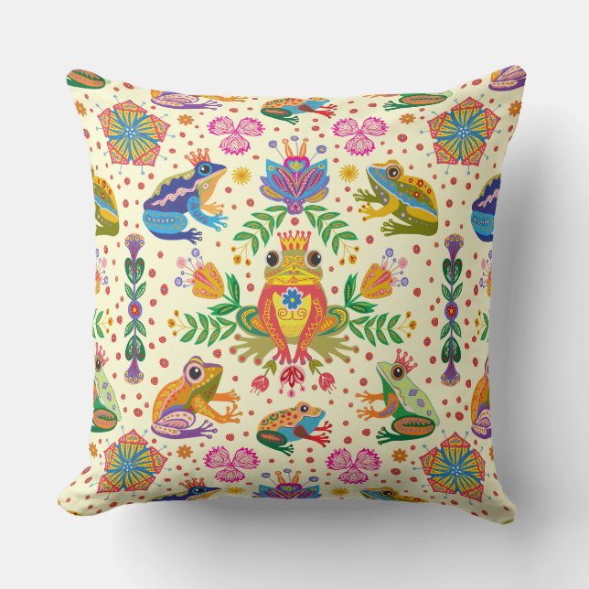 Folk Frogs & Blommigt Fantasia Cushion Kudde (Framsida)