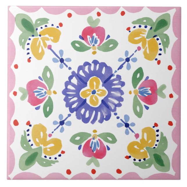 Folk Garden Watercolor Kakelplatta (Framsidan)