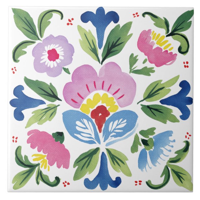 Folk Garden Watercolor Kakelplatta (Framsidan)