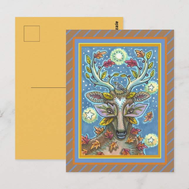 FOLK-HJORT I VUTUMNEST, BIRD NEST & MÅNE VYKORT (Fram/baksida)