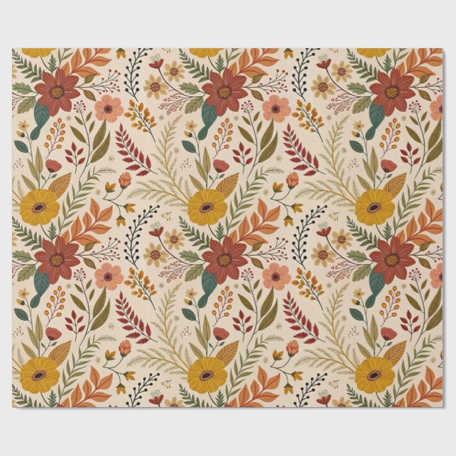 Folk-inspirerat hösttryck med vilda blommor presentpapper (Platt)