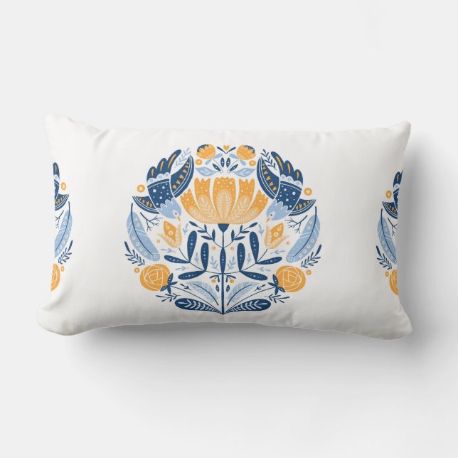 Folk konst runt prydnadsföremål med fåglar, ro och lumbarkudde (Framsida)