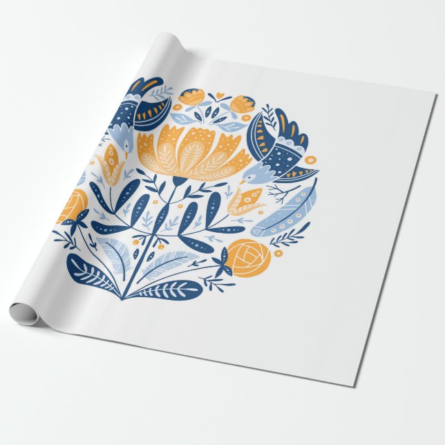 Folk konst runt prydnadsföremål med fåglar, ro och presentpapper (Utrullad)