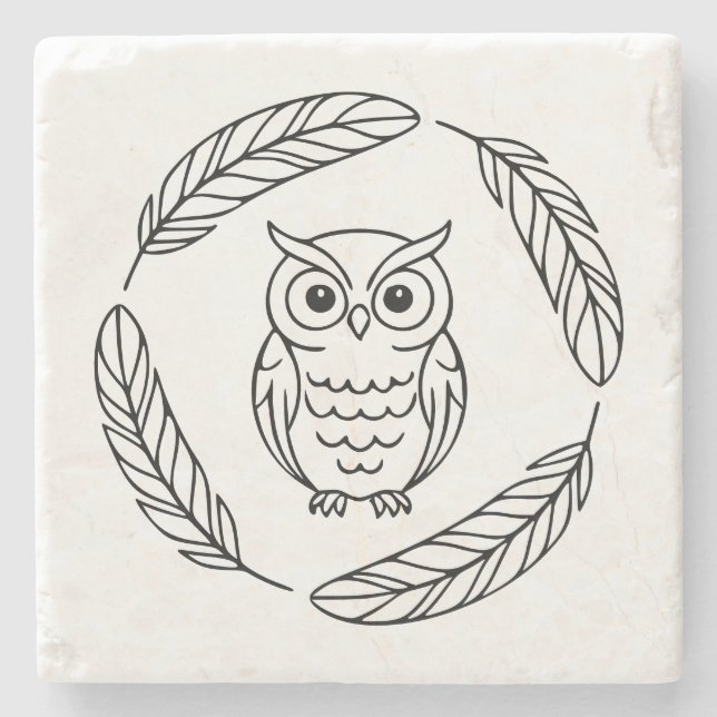 Folk Owl Linje Konst Omgiven Av Fjädrar Stenunderlägg (Framsidan)