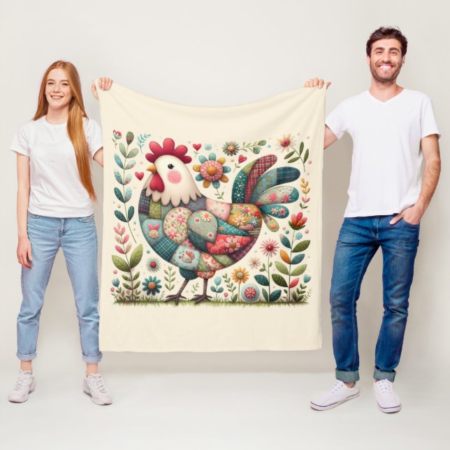 Folk Patchwork Rooster with Floral Accents Fleecefilt (På plats)