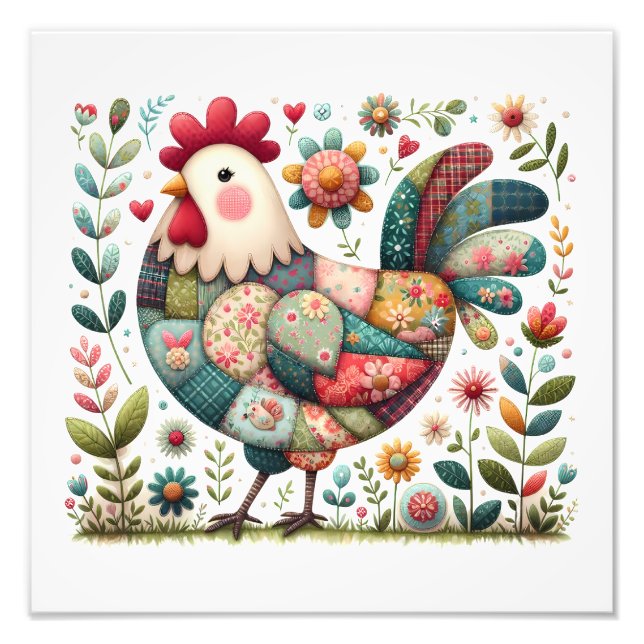 Folk Patchwork Rooster with Floral Accents Fototryck (Framsidan)