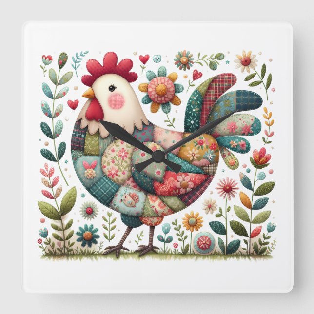 Folk Patchwork Rooster with Floral Accents Fyrkantig Klocka (Framsida)