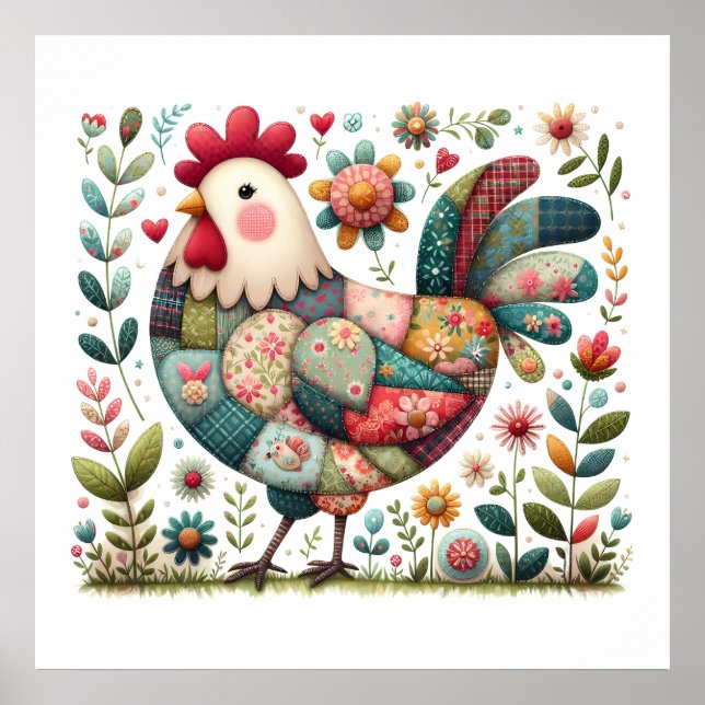 Folk Patchwork Rooster with Floral Accents Poster (Framsidan)