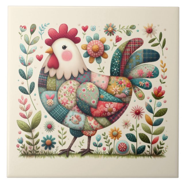 Folk Patchwork Tupp med Blommigt Accents Kakelplatta (Framsidan)