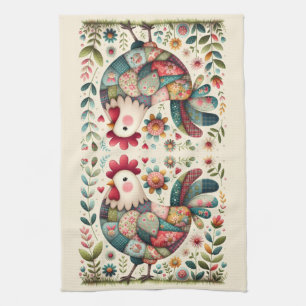 Folk Patchwork Tupp med Blommigt Accents Kökshandduk