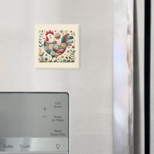 Folk Patchwork Tupp med Blommigt Accents Magnet