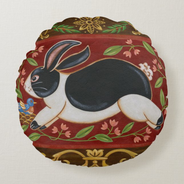 Folk Rabbit Rund Kudde (Framsidan)