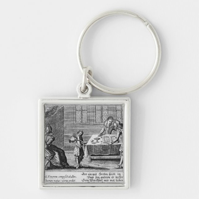 Folk som leker Backgammon Fyrkantig Silverfärgad Nyckelring (Framsidan)